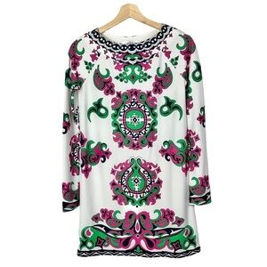 Tibi White Pink & Green Round Neck Long Sleeve Shift Dress XS
